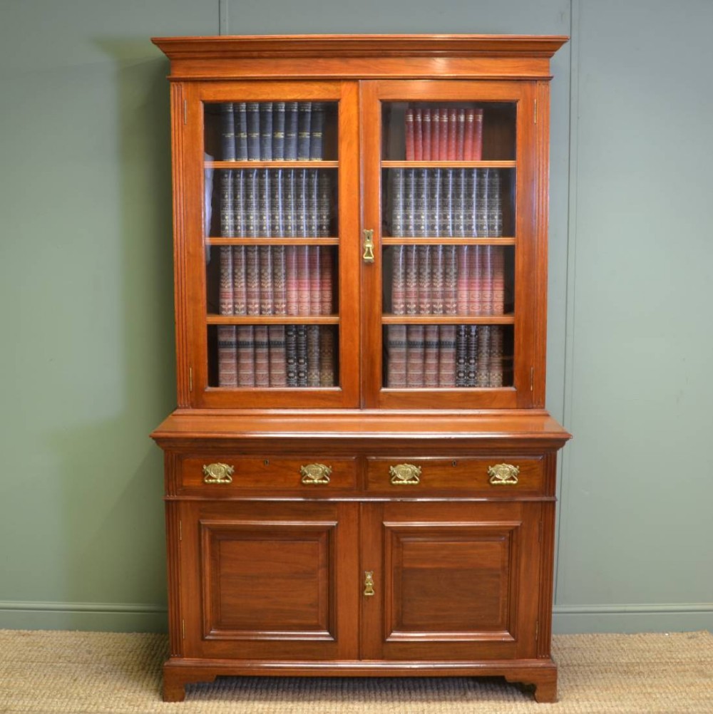 Spectacular Quality Victorian Teak Arts And Crafts Antique Glazed Bookcase On Cupboard