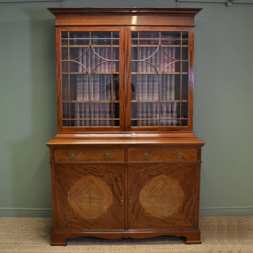 Exceptional Inlaid Edwardian Antique Glazed Bookcase On Cupboard