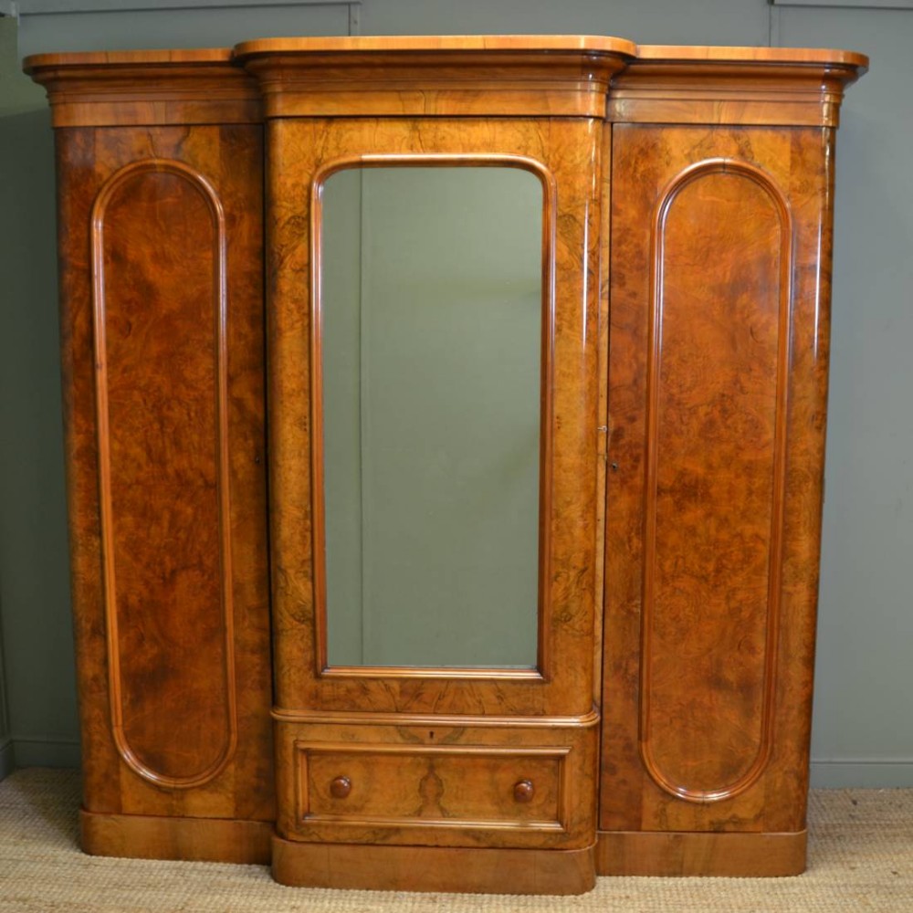 Spectacular Quality Figured Burr Walnut Antique Triple Wardrobe