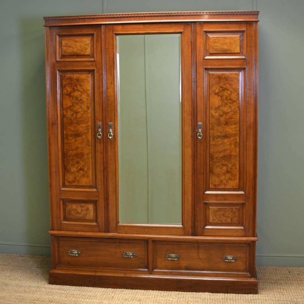 Magnificent Quality Burr Walnut Edwardian Antique Triple Wardrobe