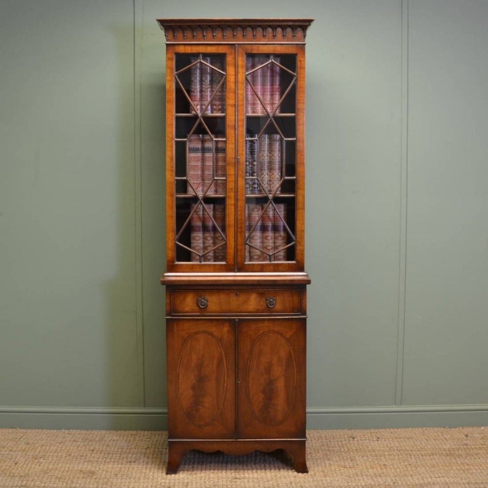 Unusual Slim Edwardian Inlaid Mahogany Antique Bookcase On Cupboard