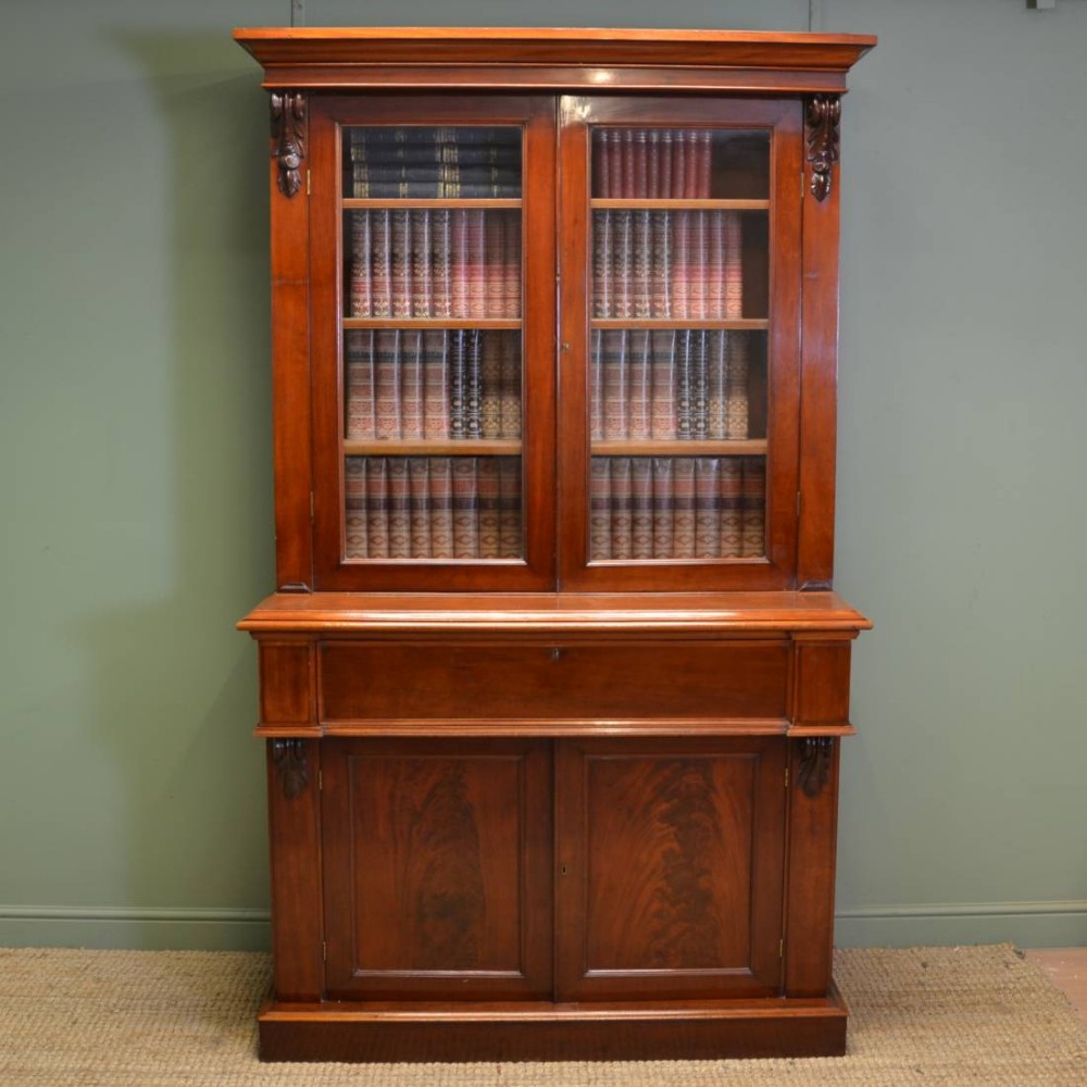 Superb Quality William IV Mahogany Antique Glazed Secretaire Bookcase On Cupboard