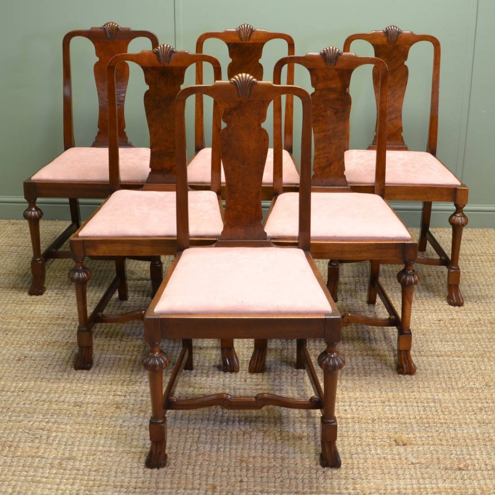 Quality Set of Six Antique Edwardian Solid Walnut Dining Chairs