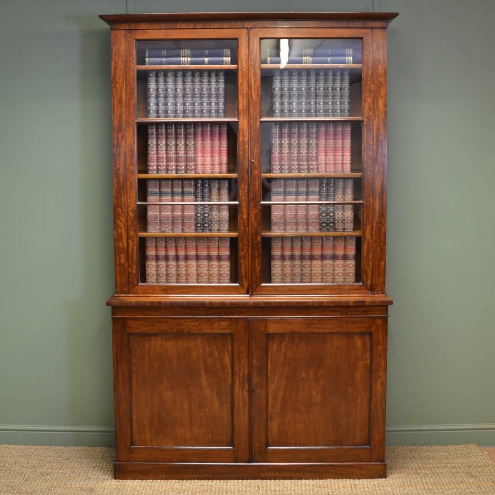 Quality Mahogany Victorian Slim Glazed Antique Bookcase On Cupboard