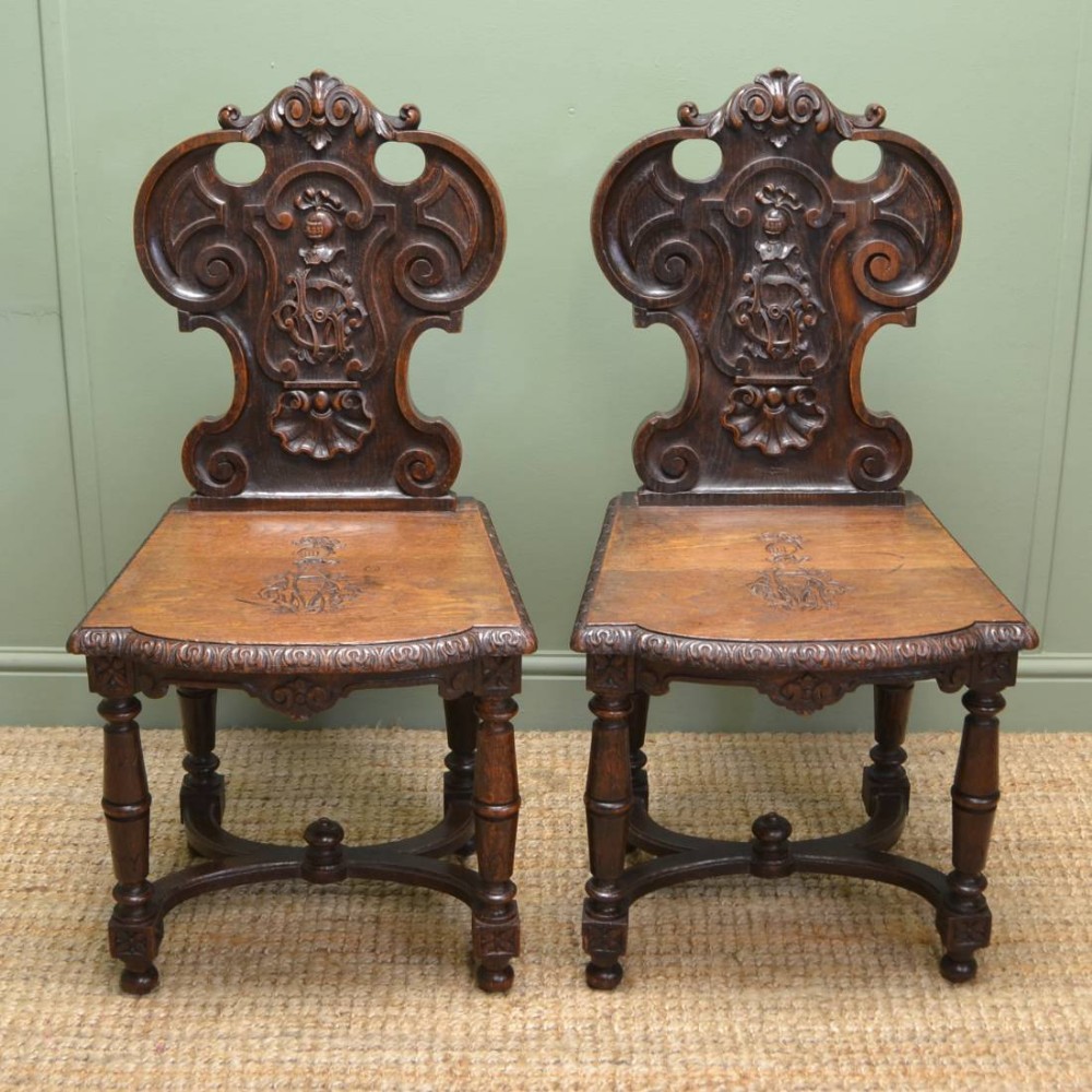 Spectacular Pair Of Country Victorian Carved Oak Antique Hall Chairs