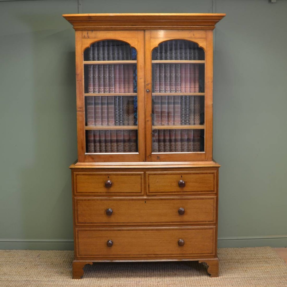 Quality Georgian Golden Oak Antique Glazed Bookcase On Chest