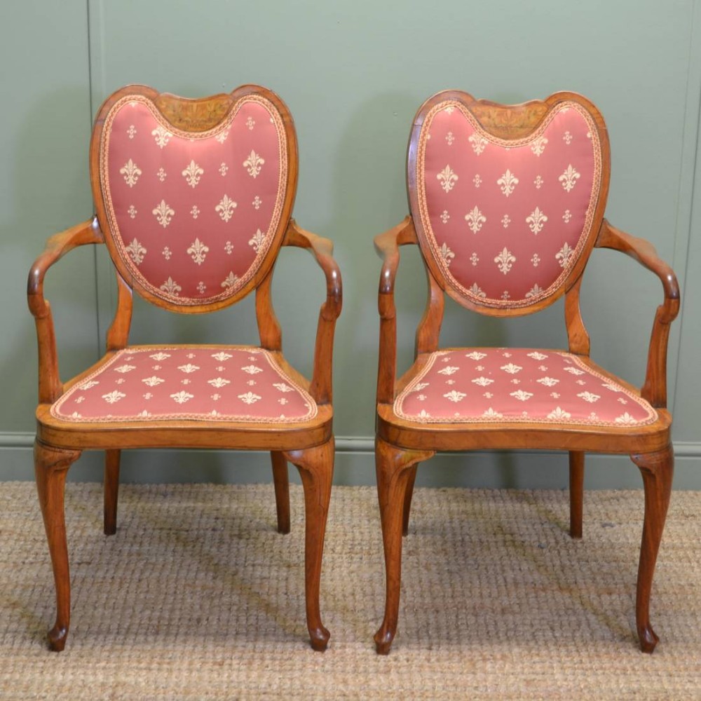 Unusual Pair Of Antique Elegant Inlaid Satinwood Victorian Side Chairs  