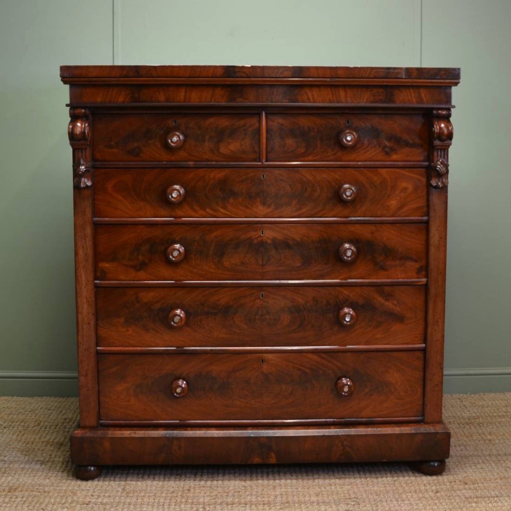 Large Victorian Figured Mahogany Antique Scottish Chest Of Drawers