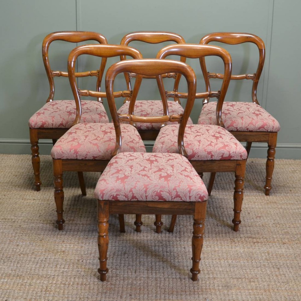 Quality set of Six Figured Walnut Victorian Antique Dining Chairs 