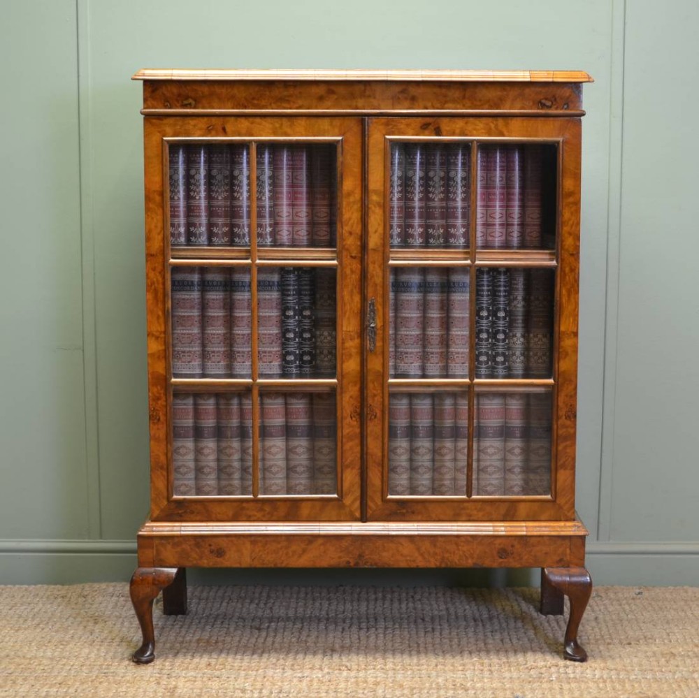 Beautifully figured Golden Burr Walnut Edwardian Glazed bookcase 
