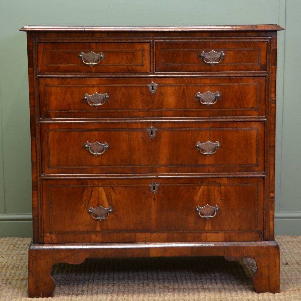 Rare George I Figured walnut and Feather Banded Antique Chest of Drawers