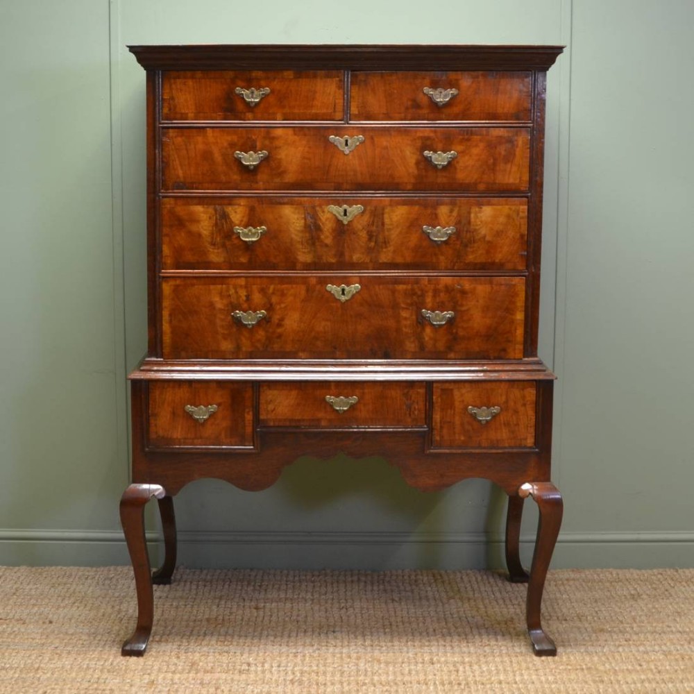 Sensational George 1st Oak and Figured Walnut Antique Chest on Stand