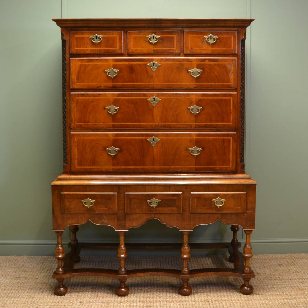 Sensational Queen Anne Figured Walnut Antique Chest on Stand