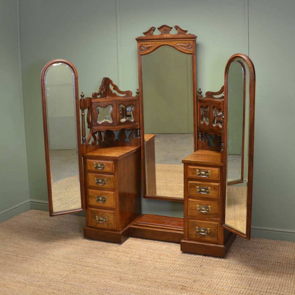 Large Edwardian Figured Walnut Antique Dressing Table