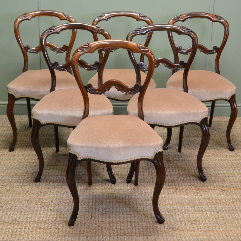 Spectacular Set Of Six Victorian Solid Rosewood Antique Balloon Back Chairs