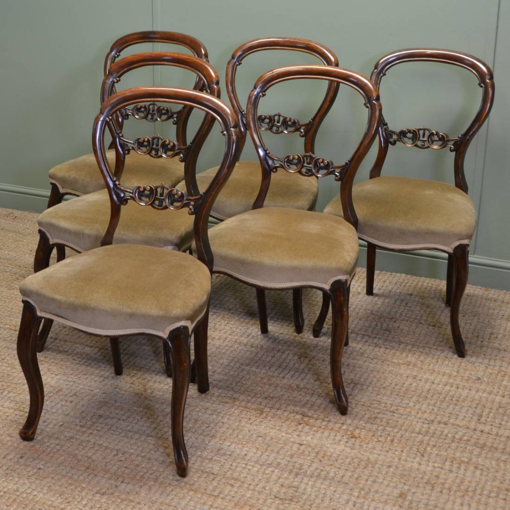 Fine Set Of Six Solid Walnut Victorian Antique Balloon Back Chairs
