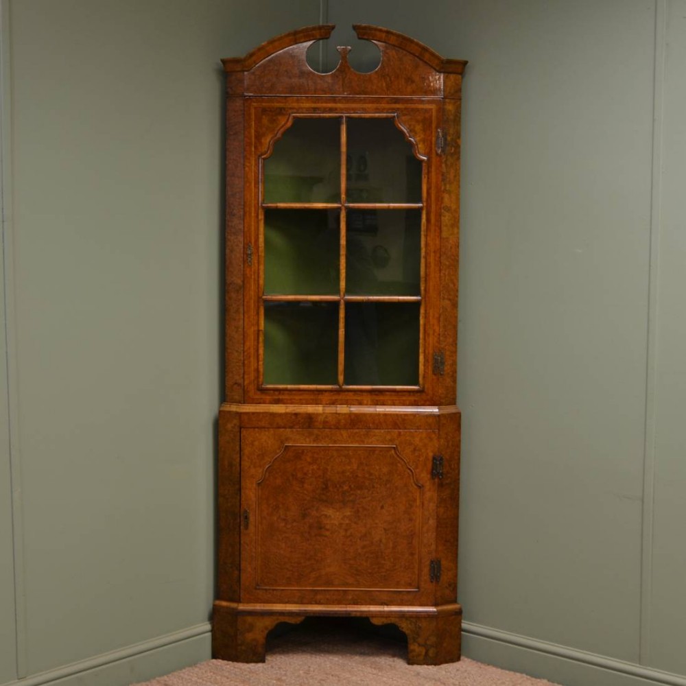 Spectacular Figured Burr Walnut Antique Edwardian Antique Corner Cupboard.