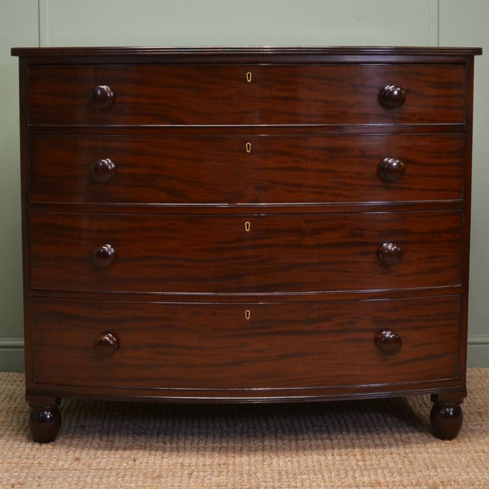 Spectacular Figured Mahogany Regency Antique Bow Fronted Chest Of Drawers