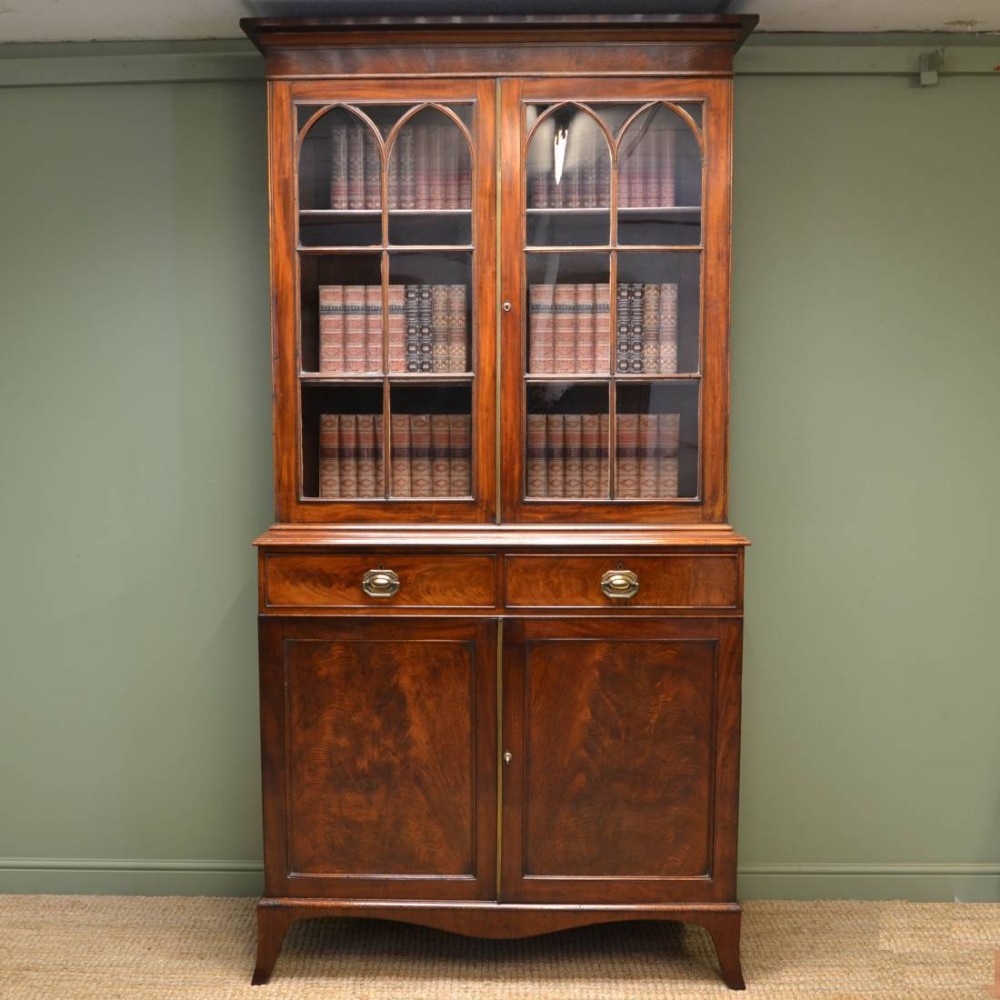 Large Georgian Figured Mahogany Antique Glazed Bookcase