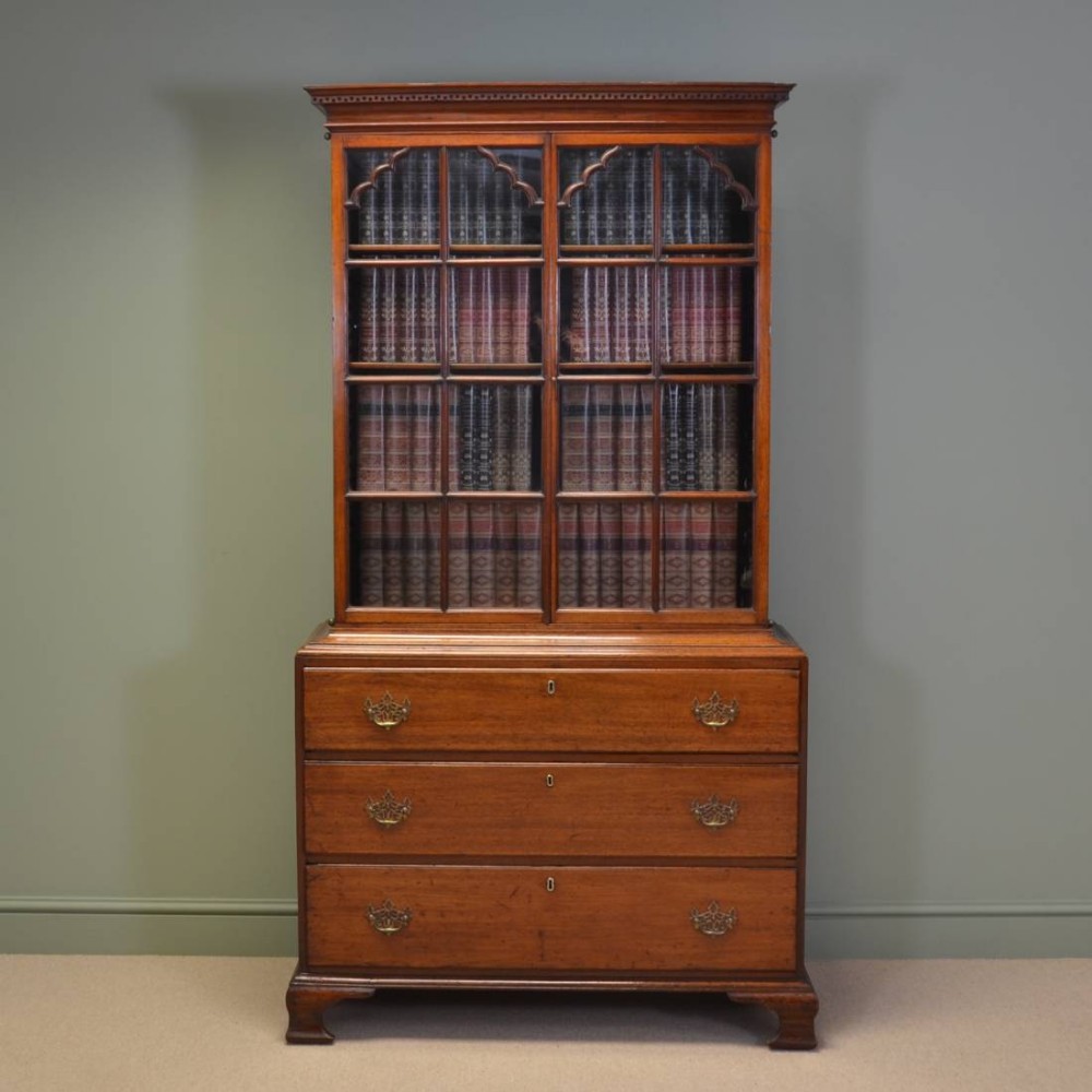 Unusual Georgian Mahogany Slim Antique Bookcase on Chest