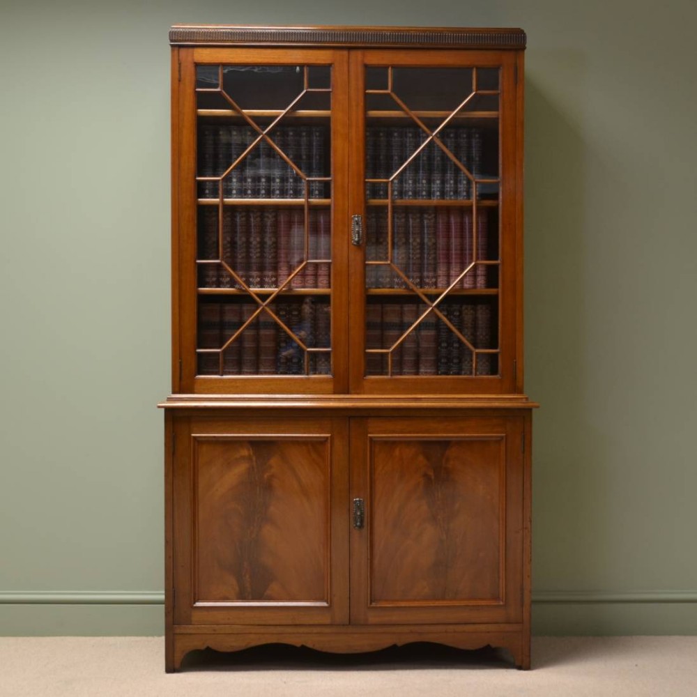 Edwardian Mellow Mahogany Antique Glazed Bookcase on Cupboard