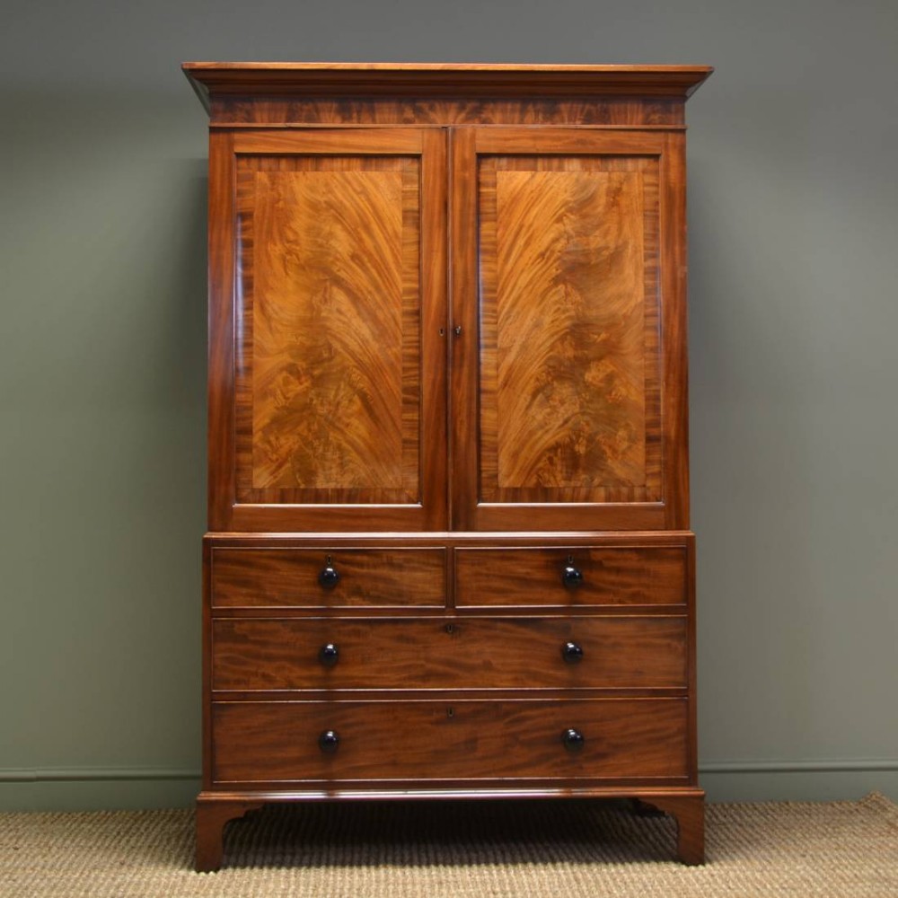 Spectacular Figured Golden Mahogany Antique Georgian Linen Press