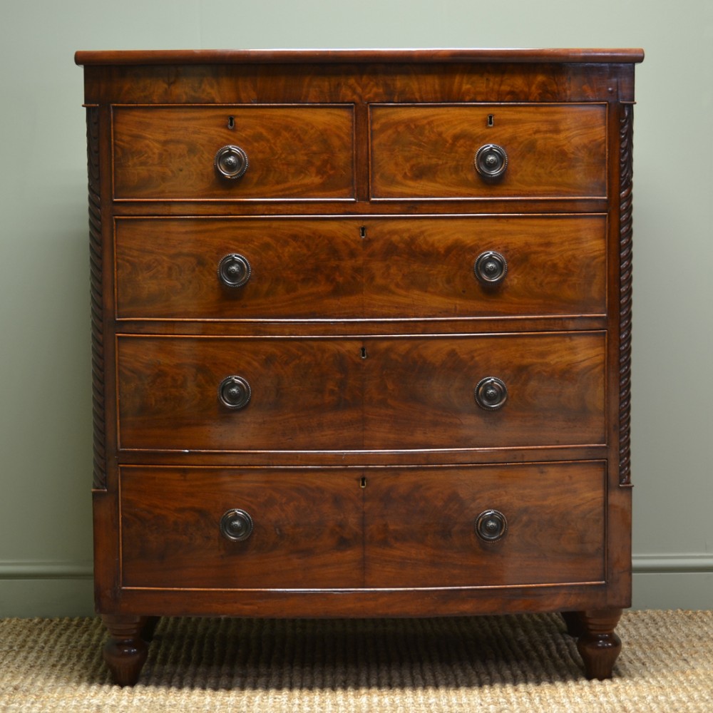 Spectacular Figured Mahogany Victorian Bow Fronted Antique Chest Of Drawers