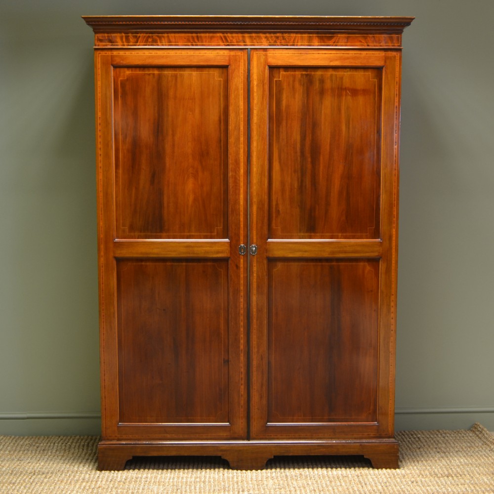 Large Edwardian Inlaid Mahogany Antique Double Wardrobe 