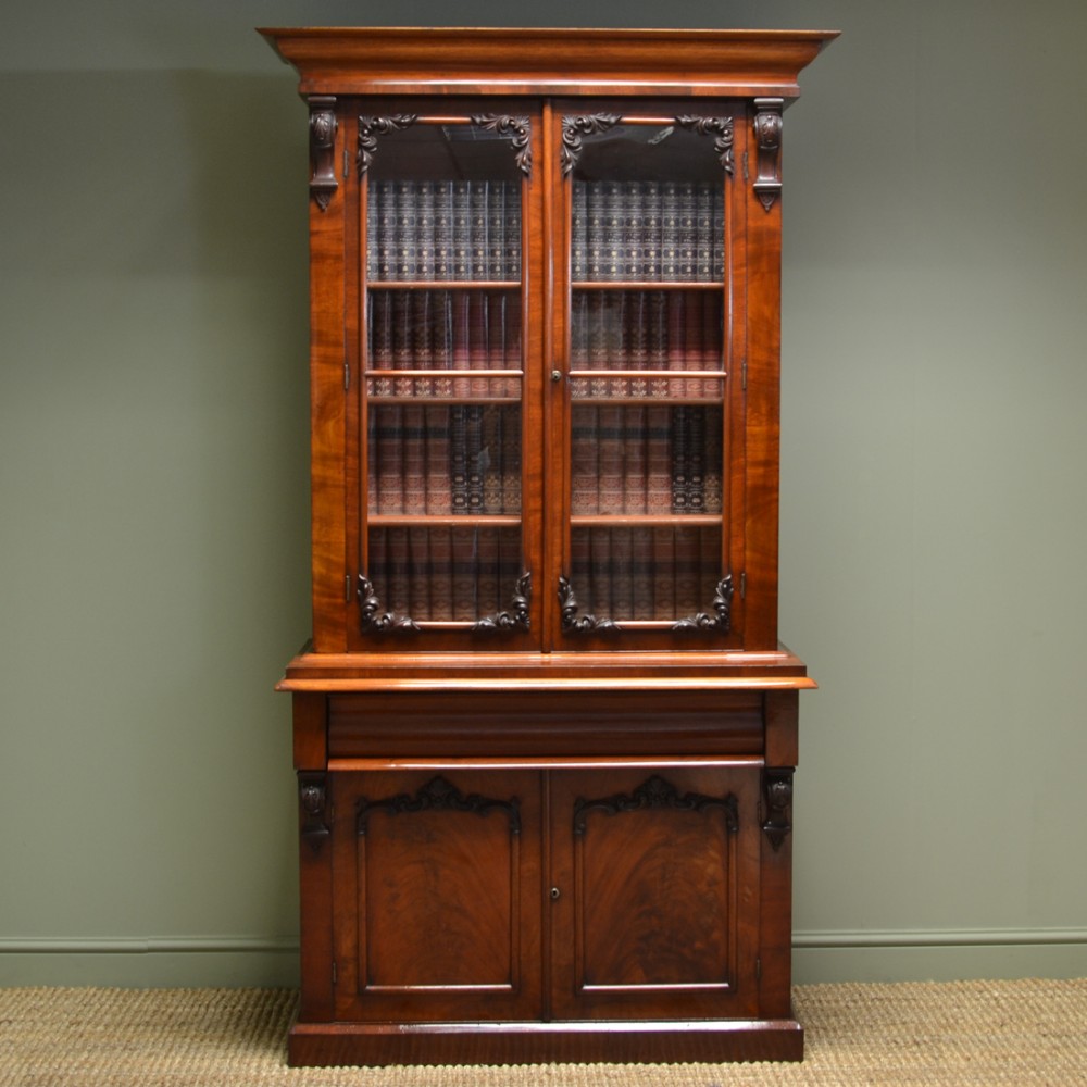 Quality Victorian Mahogany Glazed Antique Bookcase on Cupboard.