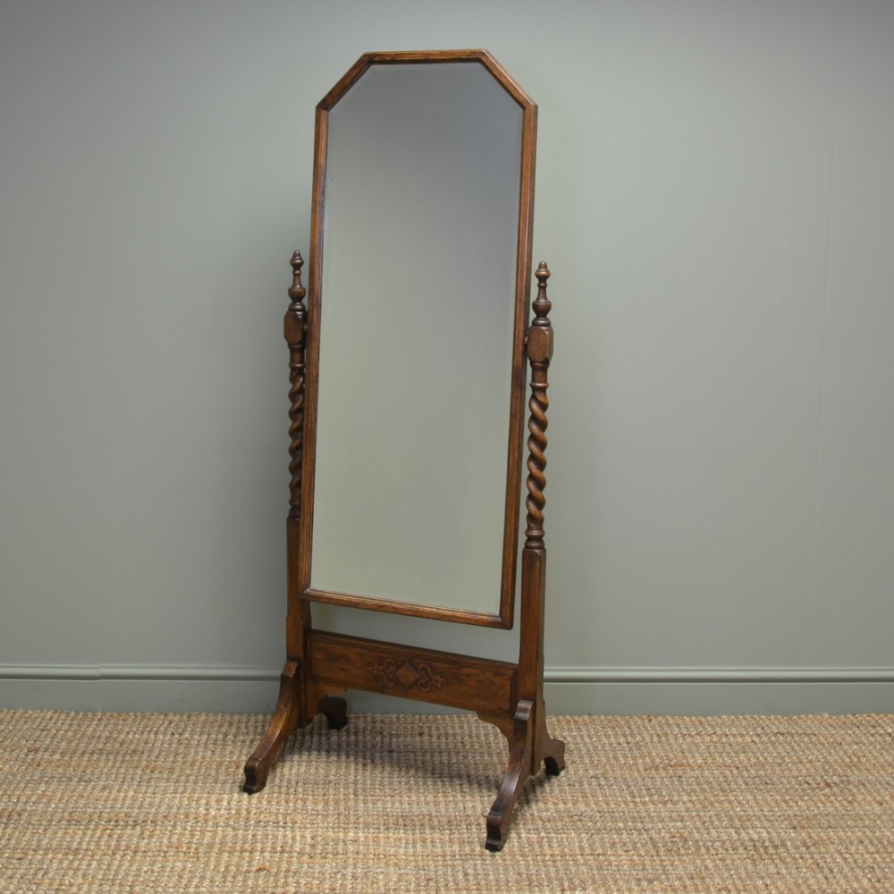 Quality Edwardian Oak Barley Twist Antique Cheval Mirror