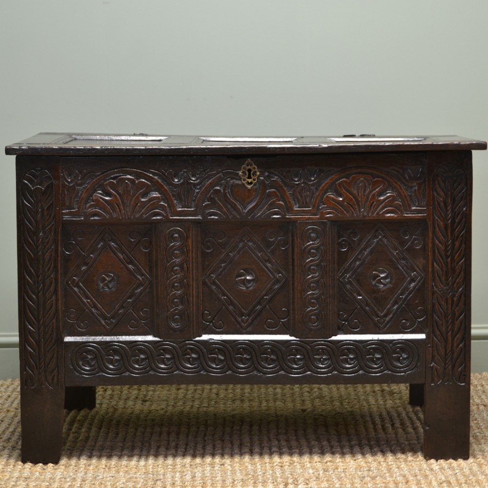Seventeenth Century Period Oak Antique Carved Coffer