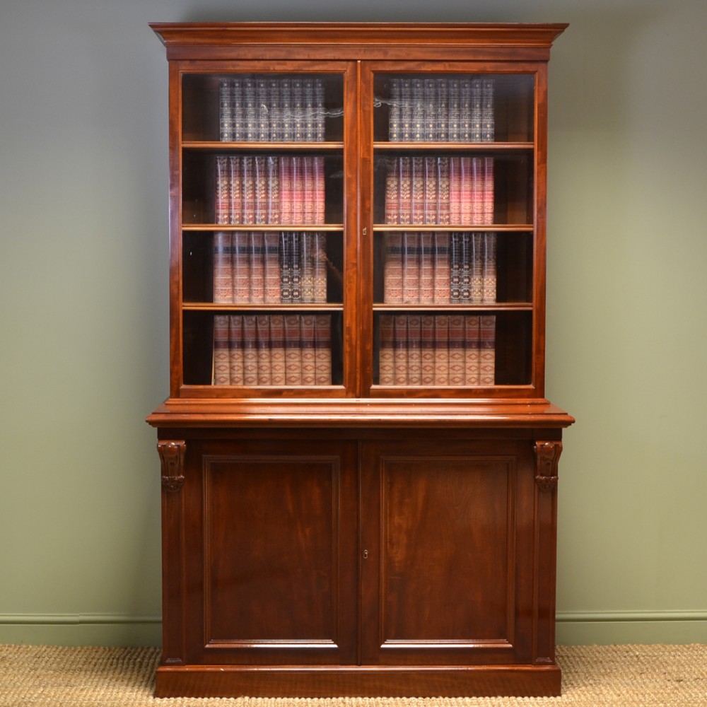 Spectacular Figured Mahogany Antique Victorian Bookcase on Cupboard