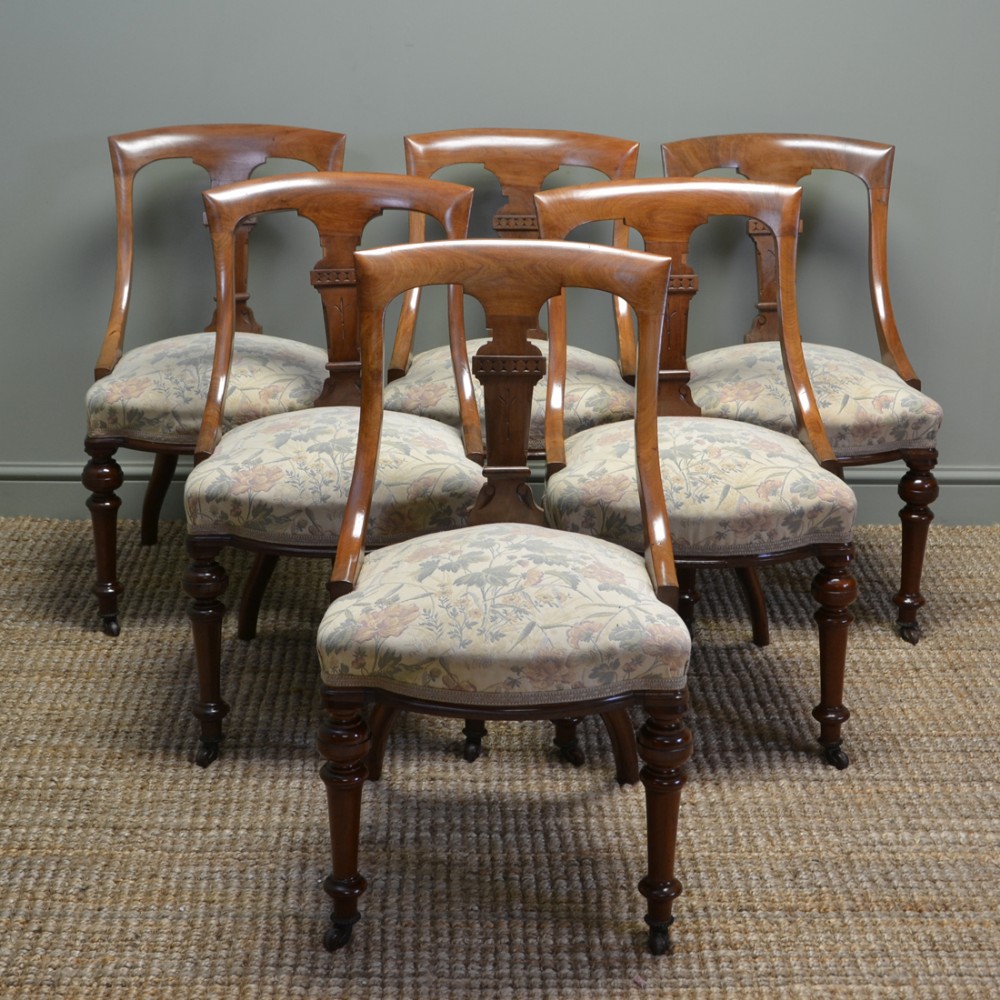 Beautifully Figured Set of Six Victorian Mahogany Spoon Back Dining Chairs
