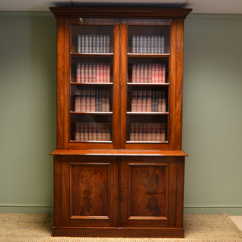 Beautiful Quality Large Victorian Figured Mahogany Antique Glazed Bookcase on Cupboard
