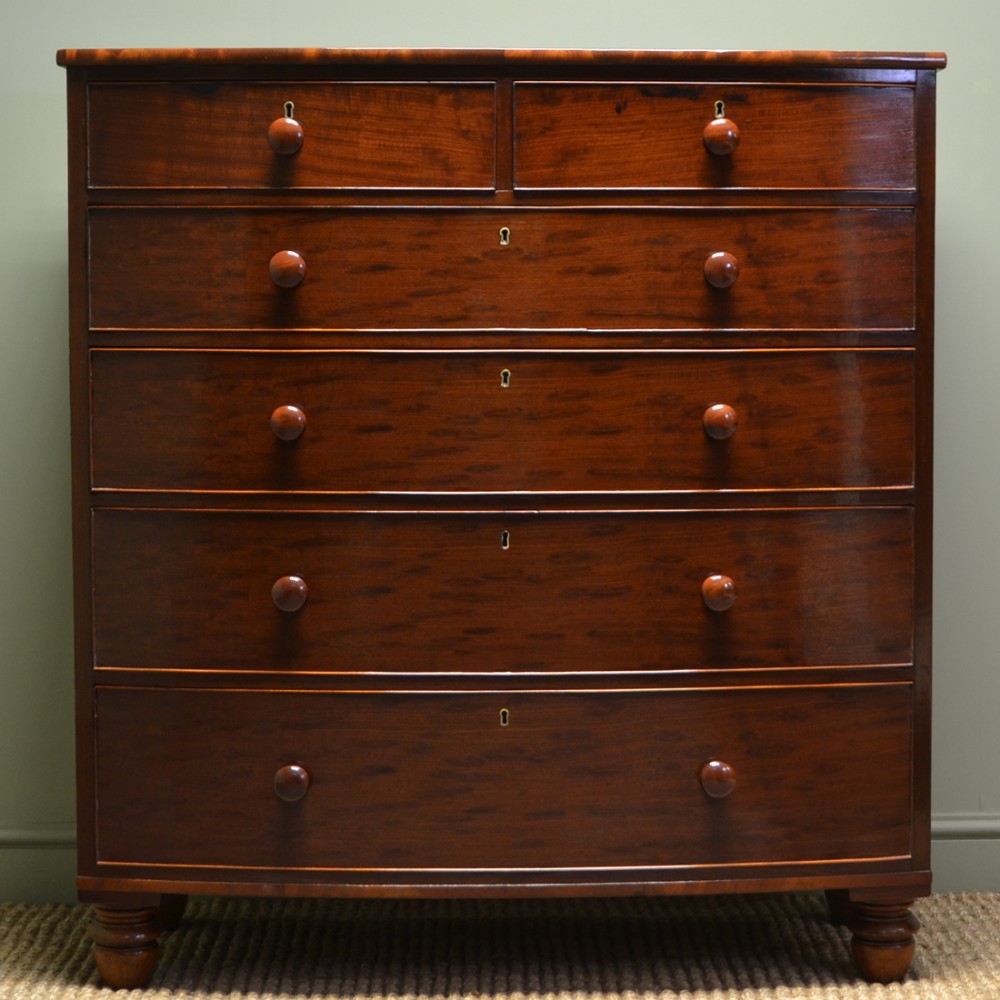 Splendid Tall Figured Rich Mahogany Regency Antique Bow Fronted Chest Of Drawers