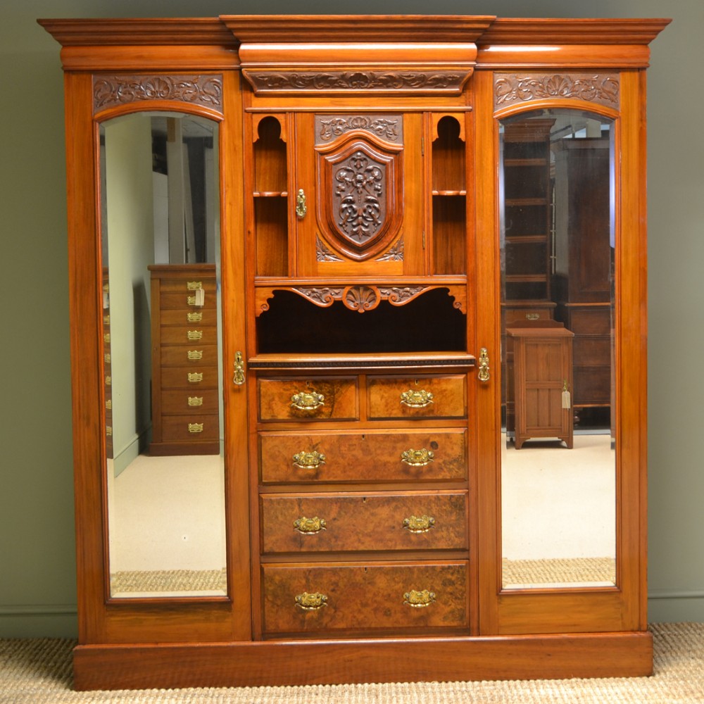 Spectacular Maple & Co Figured Walnut Victorian Antique Triple Wardrobe