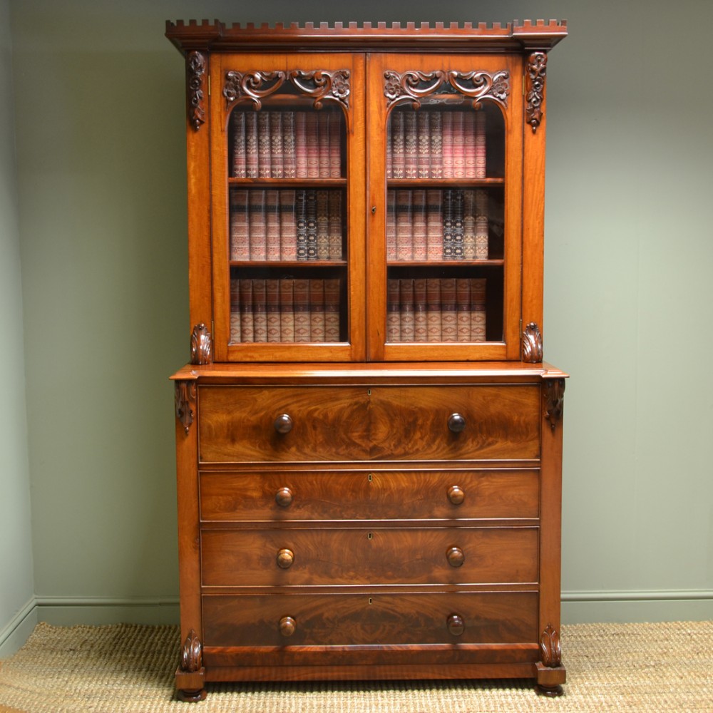 Unusual Quality Victorian Figured Mahogany Antique Scottish Secretaire Glazed Bookcase On Chest.