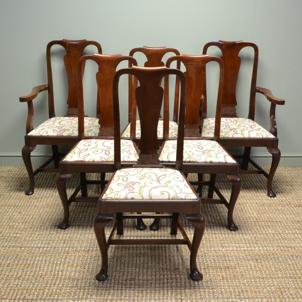 Quality Set of Six Cuban Mahogany Queen Anne Design Edwardian Dining Chairs
