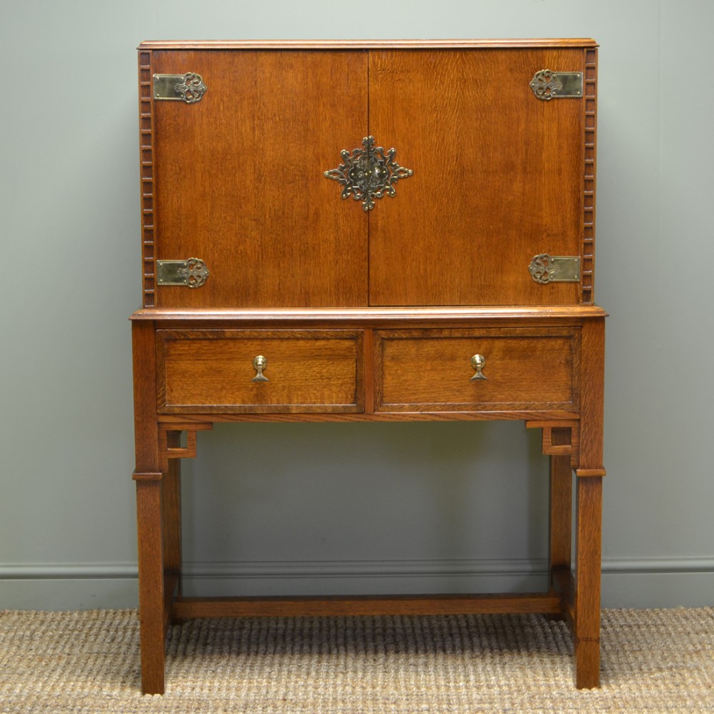 Quality Golden Oak Antique Art Deco Cupboard On Stand