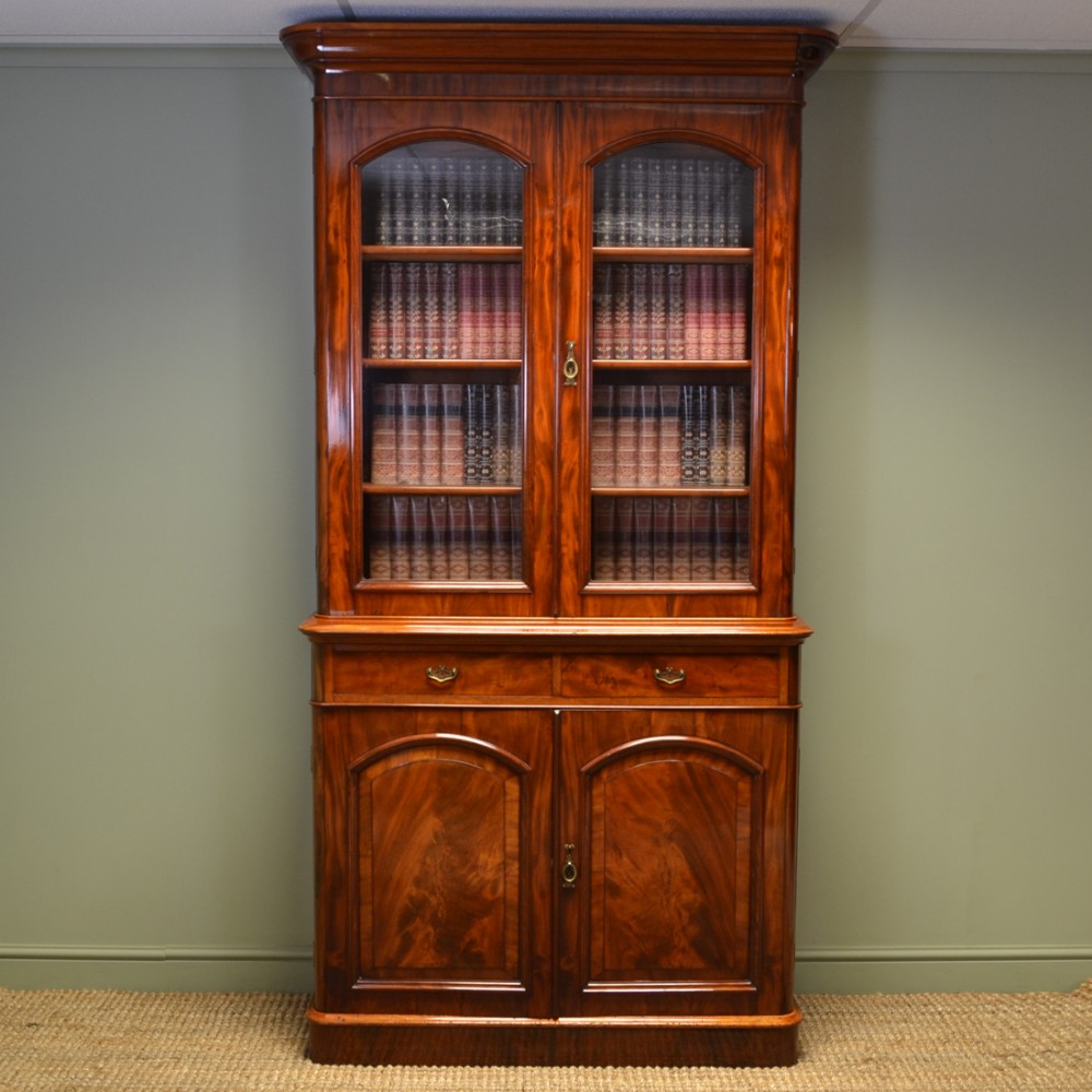 Stunning Tall Figured Mahogany Victorian Antique Glazed Bookcase on Cupboard