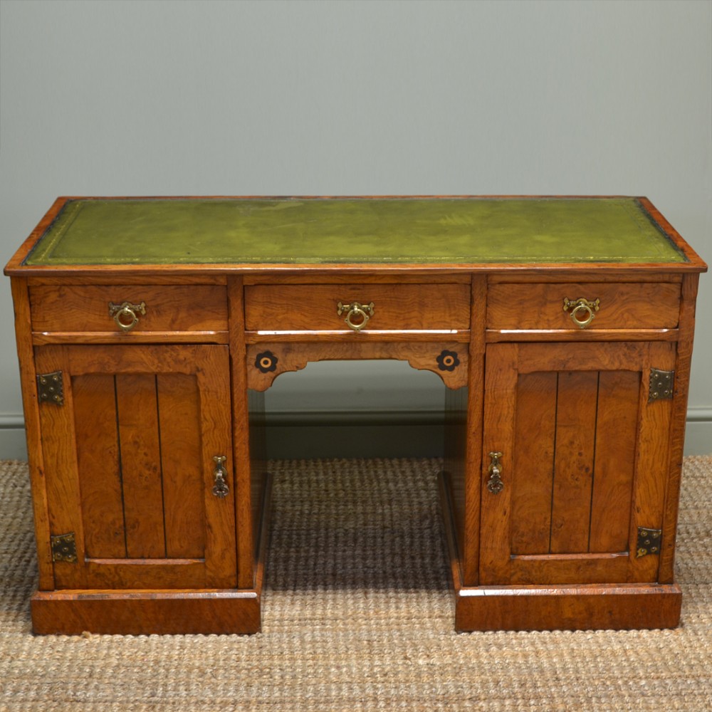 High Quality Unusual Victorian Arts And Crafts Pollard Oak Pedestal Desk