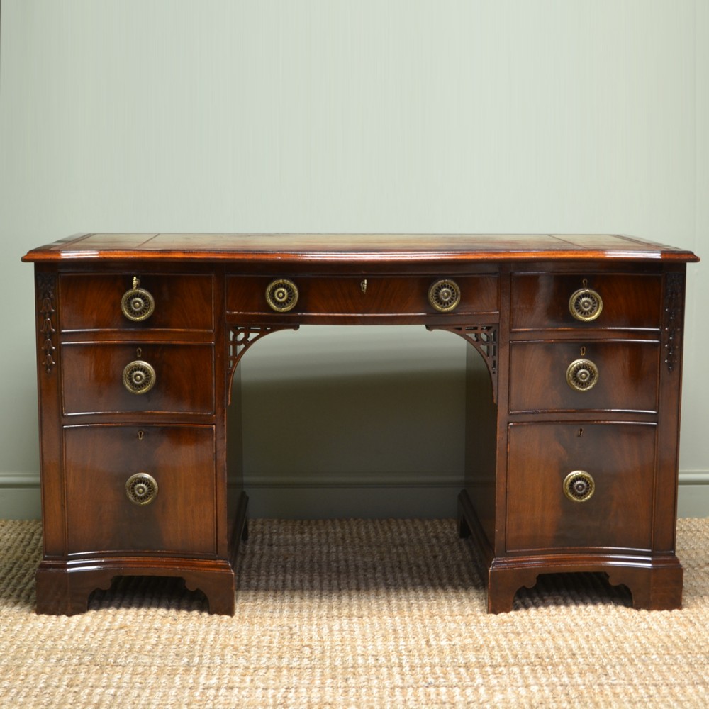 Spectacular Serpentine Shaped Front Edwardian Figured Mahogany Antique Desk