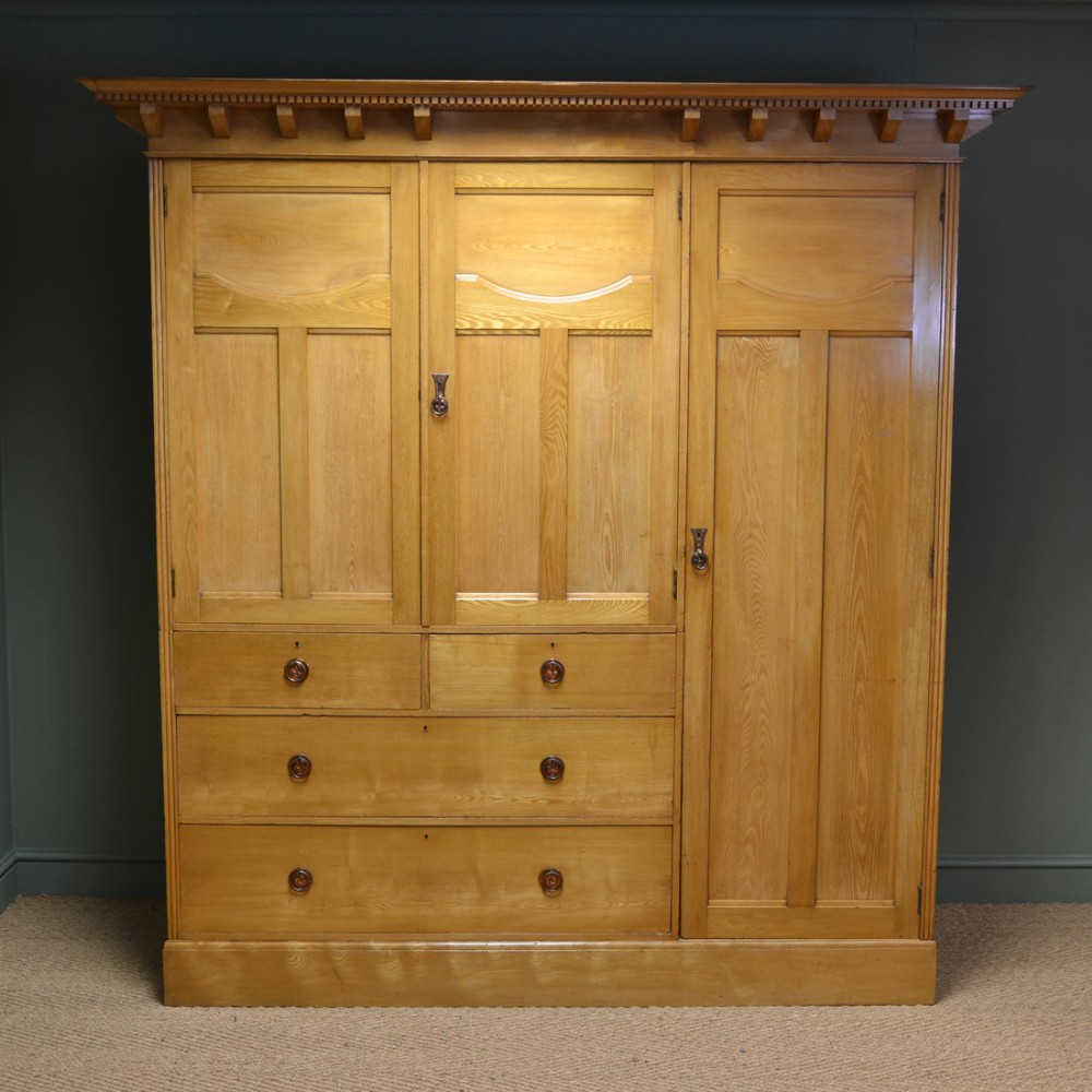 Striking Large Golden Ash Victorian Arts and Crafts Antique Triple Wardrobe