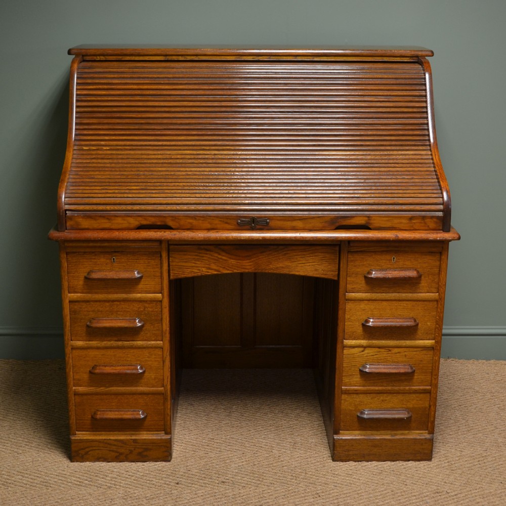 Large Edwardian Oak Antique Roll Top Desk