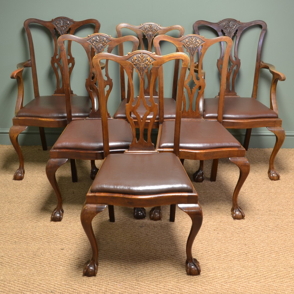Set of Six Edwardian Walnut Antique Dining Chairs