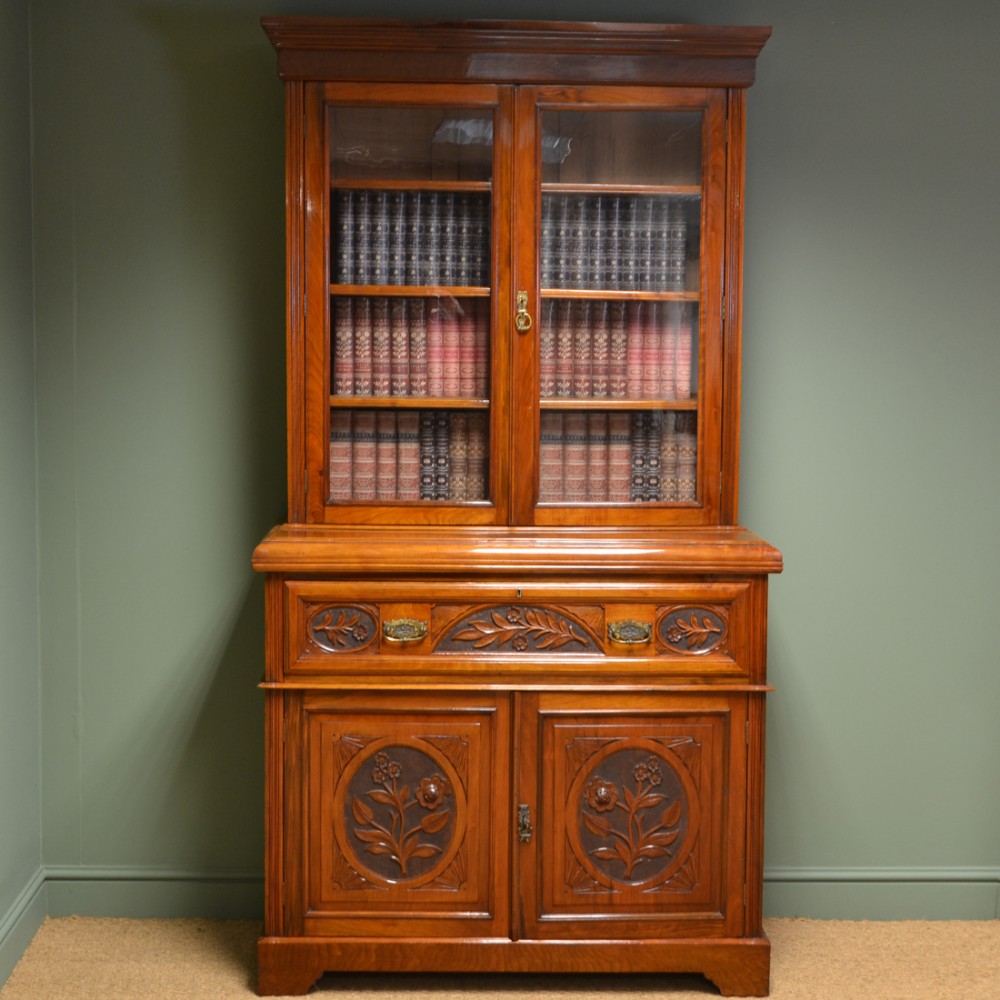High Quality Victorian Walnut Antique Secretaire Bookcase 