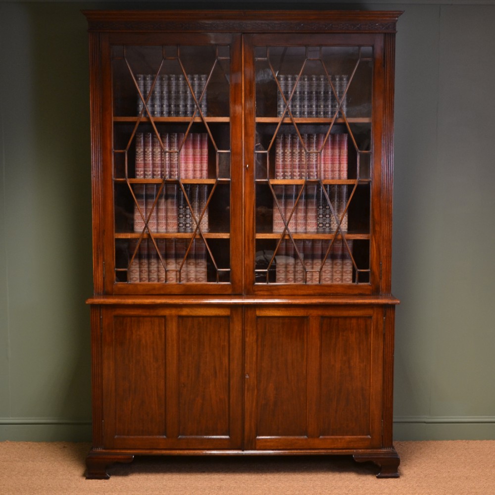 Spectacular Large Edwardian Walnut Antique Glazed Bookcase on Cupboard