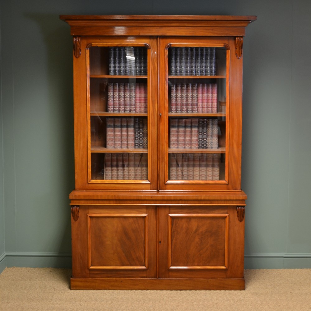 Stunning Figured Mahogany Victorian Antique Glazed Bookcase On Cupboard