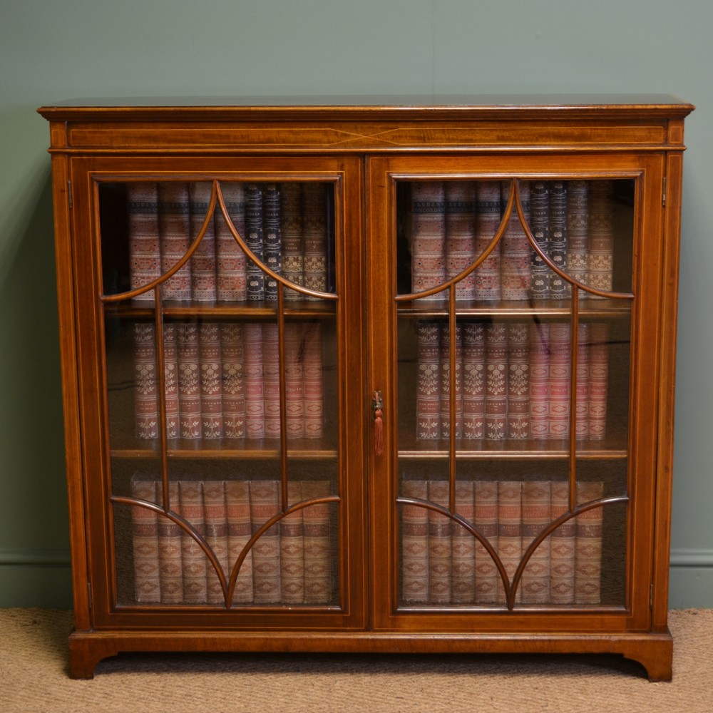 Impressive Victorian Glazed Mahogany Inlaid Antique Bookcase