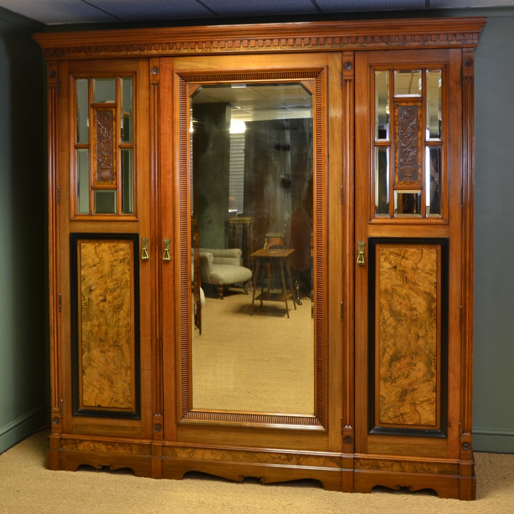 Magnificent Huge Victorian Golden Walnut Antique Triple Wardrobe
